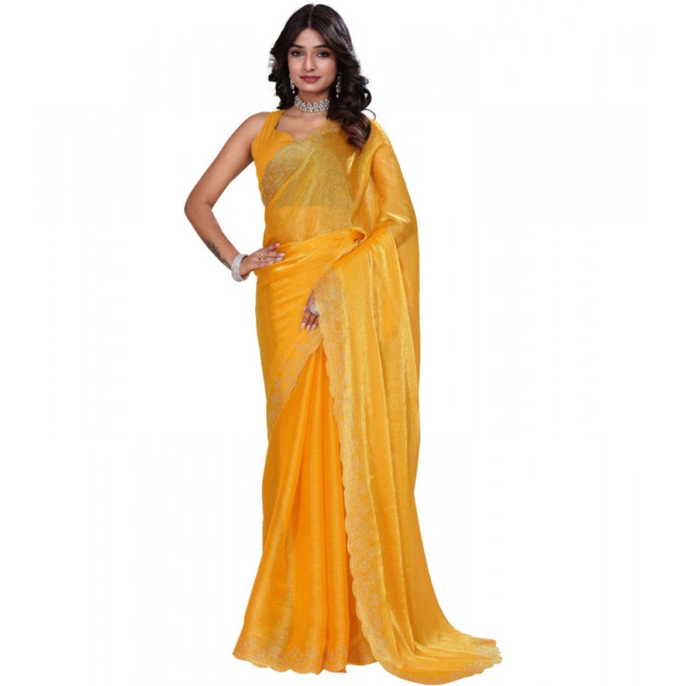 Snuggle Spot Women's Jimmy choo Embellished Bollywood Saree With Unstitched Blouse 5.5Mtr (Mustard)