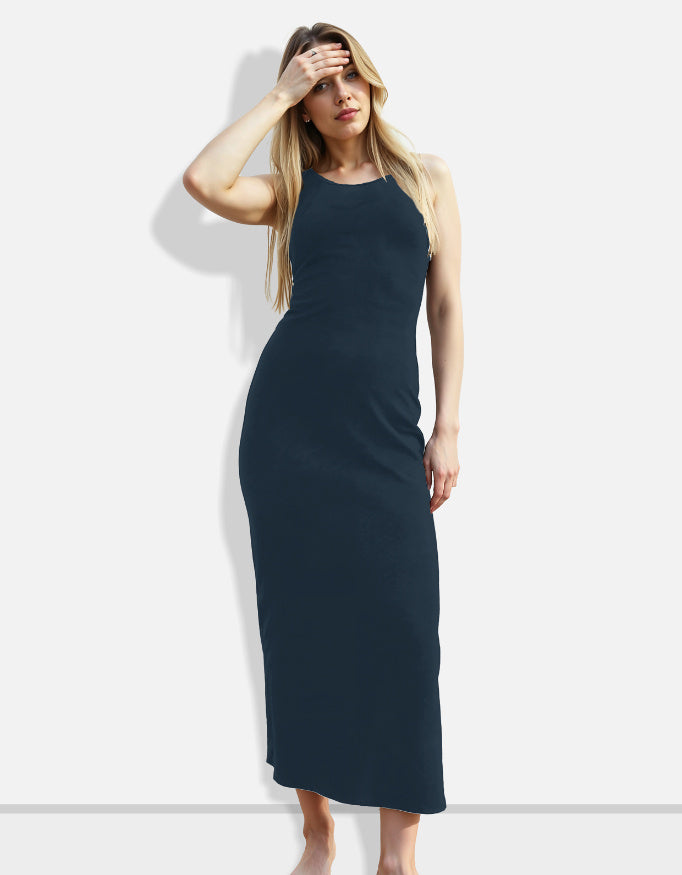 lycra bodycon dress Sleeveless High Neck Bodycon Mini Dress in Supima Cotton Lycra –  theshimmerhouse main image 0