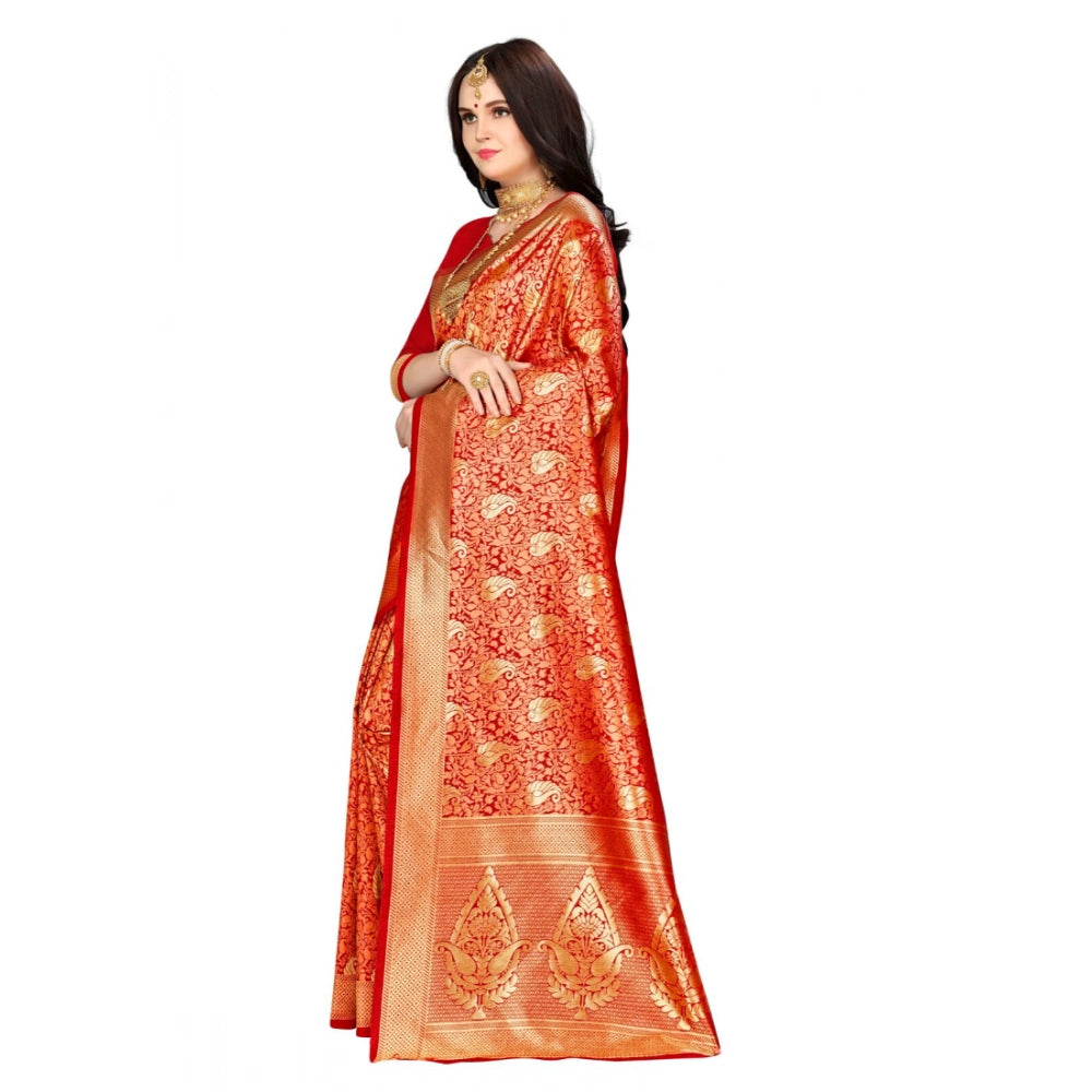 Snuggle Spot Women's Banarasi silk Saree with Blouse (Red, 5-6mtr)
