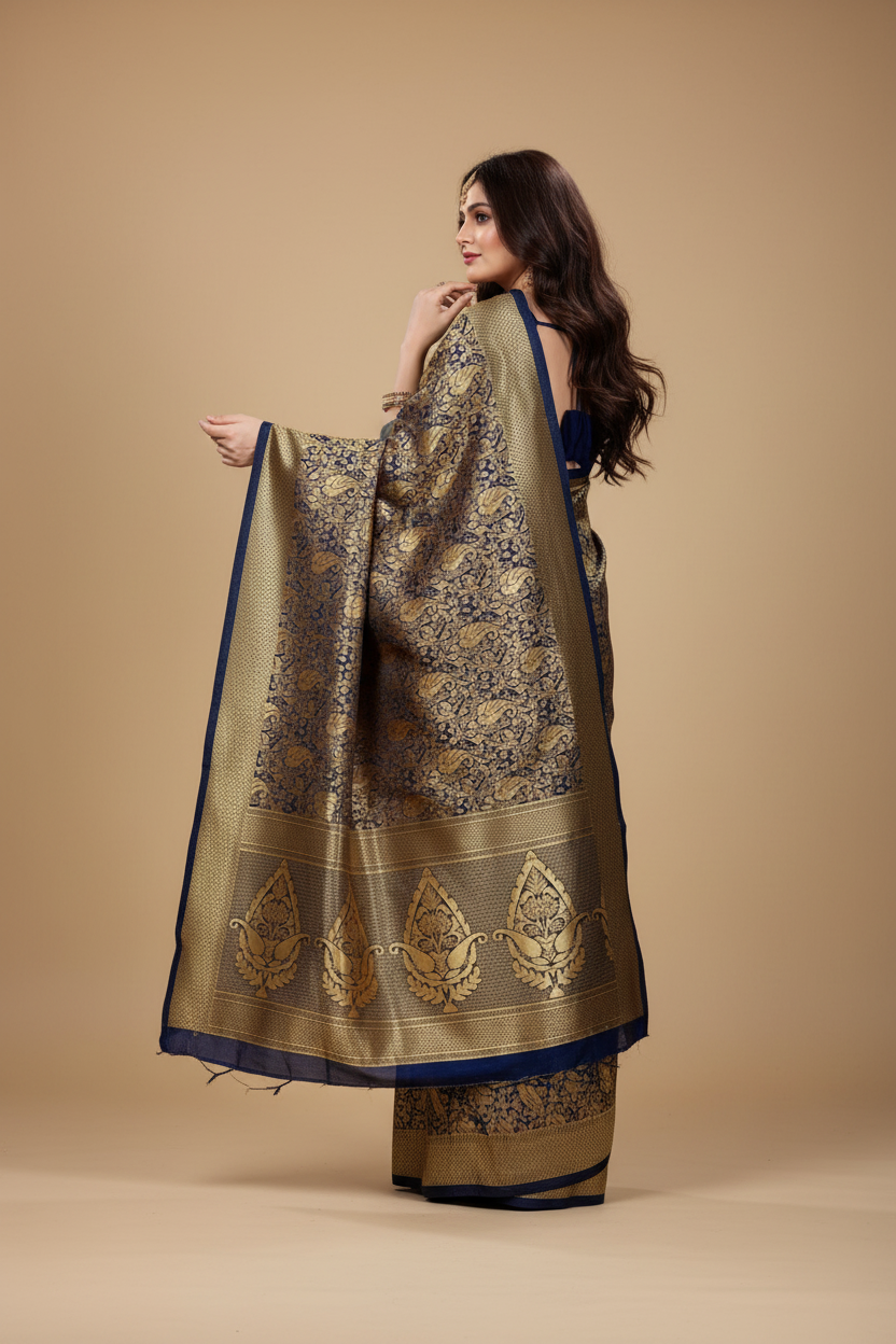 Snuggle Spot Women's Banarasi silk Saree with Blouse (Navy blue, 5-6mtr)