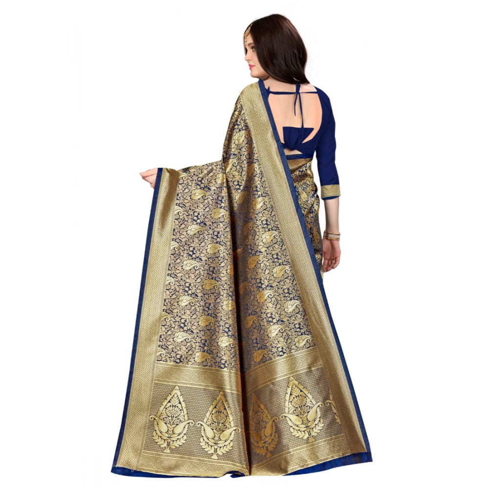 Snuggle Spot Women's Banarasi silk Saree with Blouse (Navy blue, 5-6mtr)