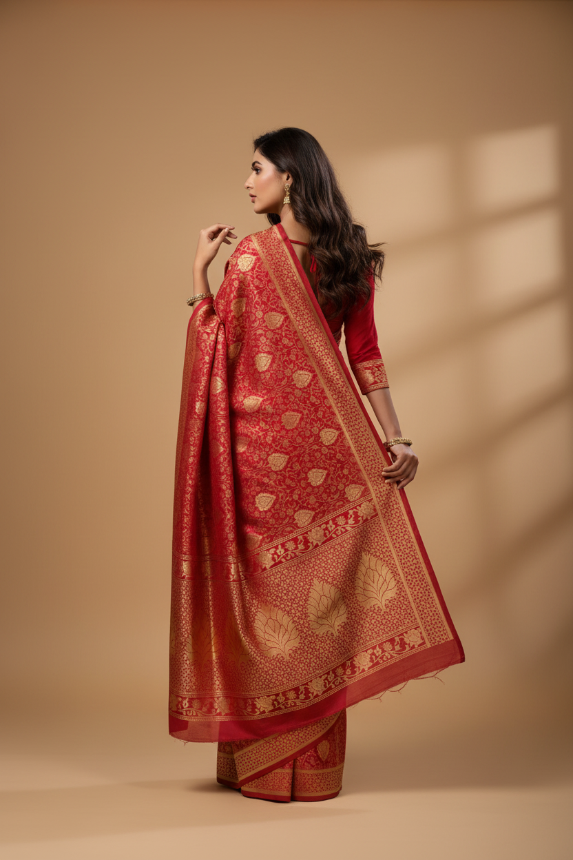 Snuggle Spot Women's Banarasi silk Saree with Blouse (Red, 5-6mtr)