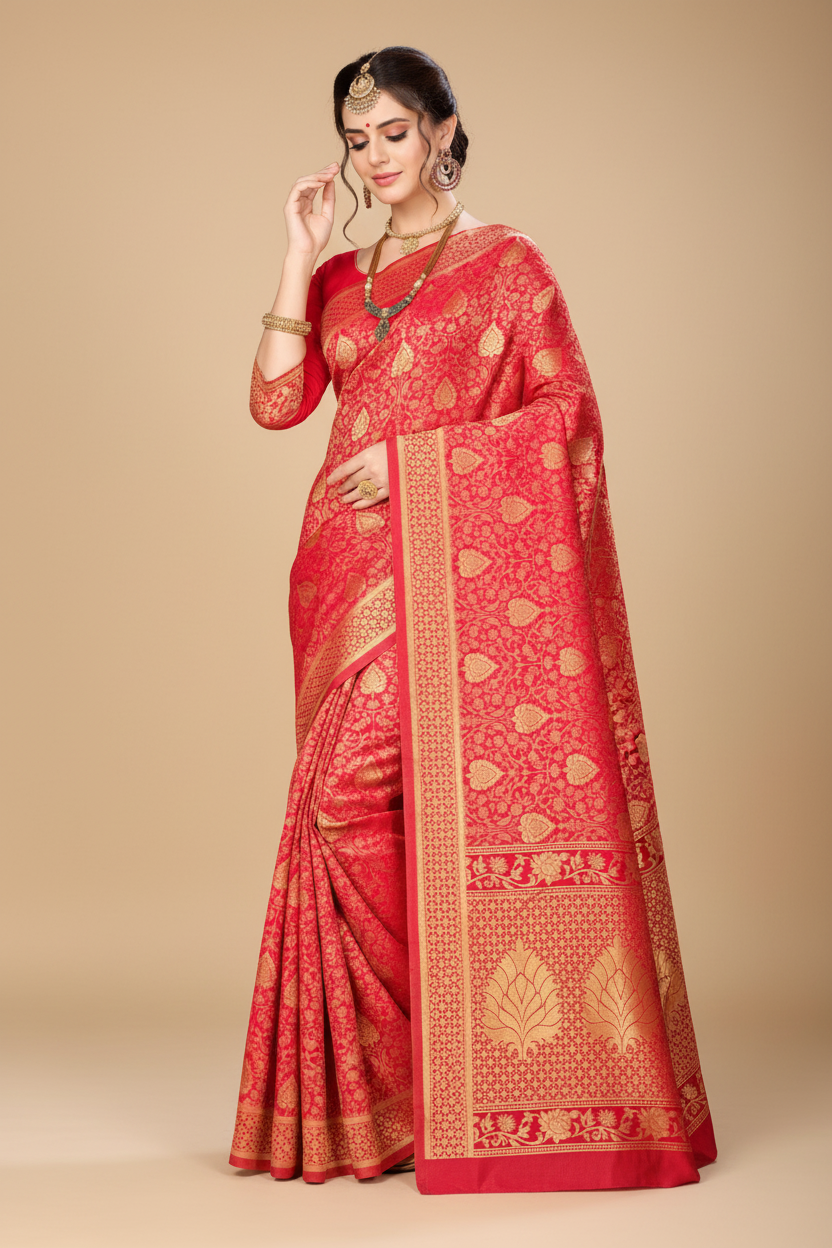 Snuggle Spot Women's Banarasi silk Saree with Blouse (Red, 5-6mtr)