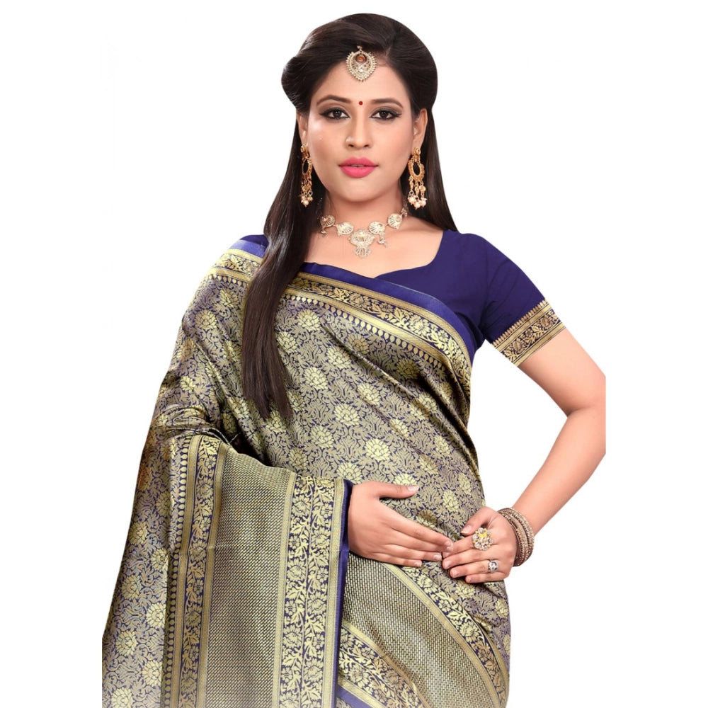 Snuggle Spot Women's Banarasi silk Saree with Blouse (Navy blue, 5-6mtr)