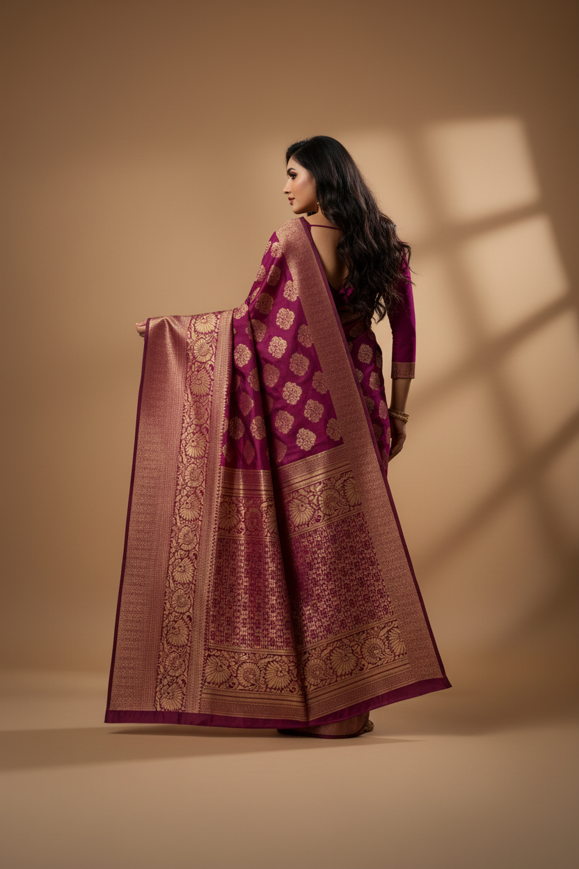 Snuggle Spot Women's Banarasi silk Saree with Blouse (Wine, 5-6mtr)