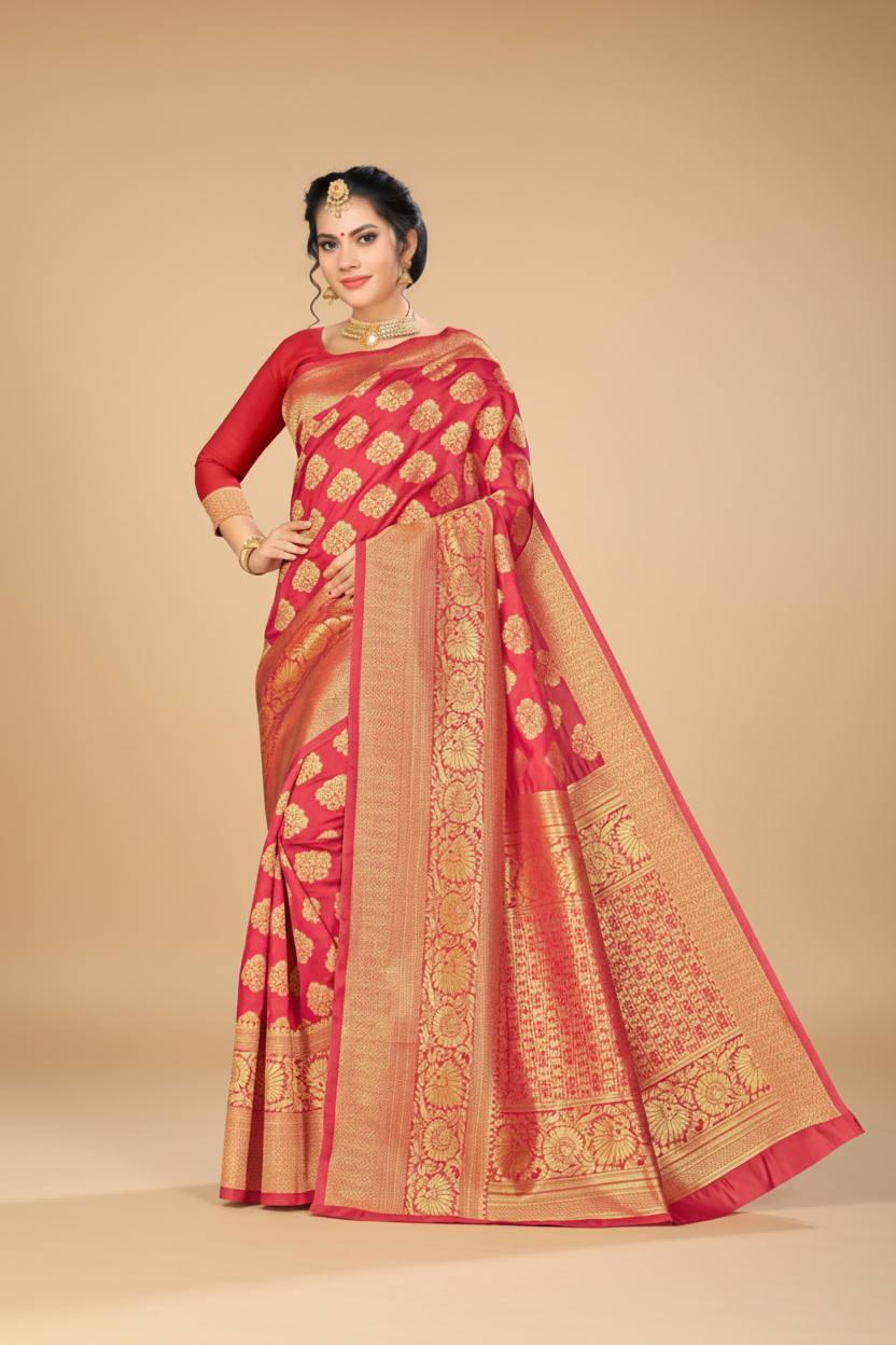 Snuggle Spot Women's Banarasi silk Saree with Blouse (Red, 5-6mtr)