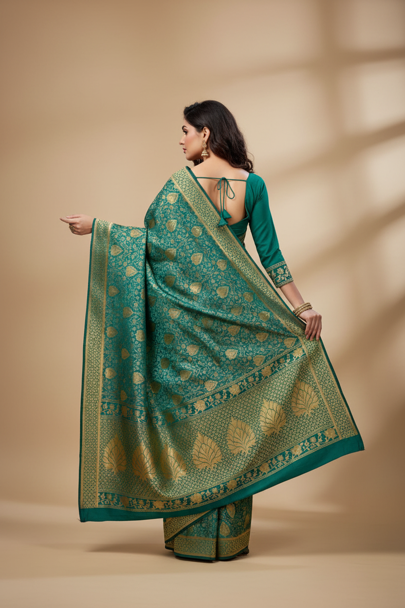 Snuggle Spot Women's Banarasi silk Saree with Blouse (Green, 5-6mtr)