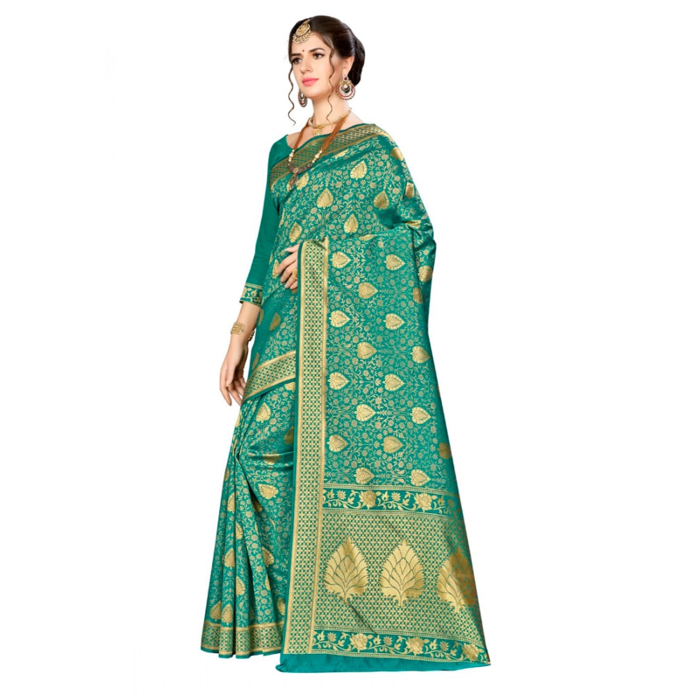 Snuggle Spot Women's Banarasi silk Saree with Blouse (Green, 5-6mtr)