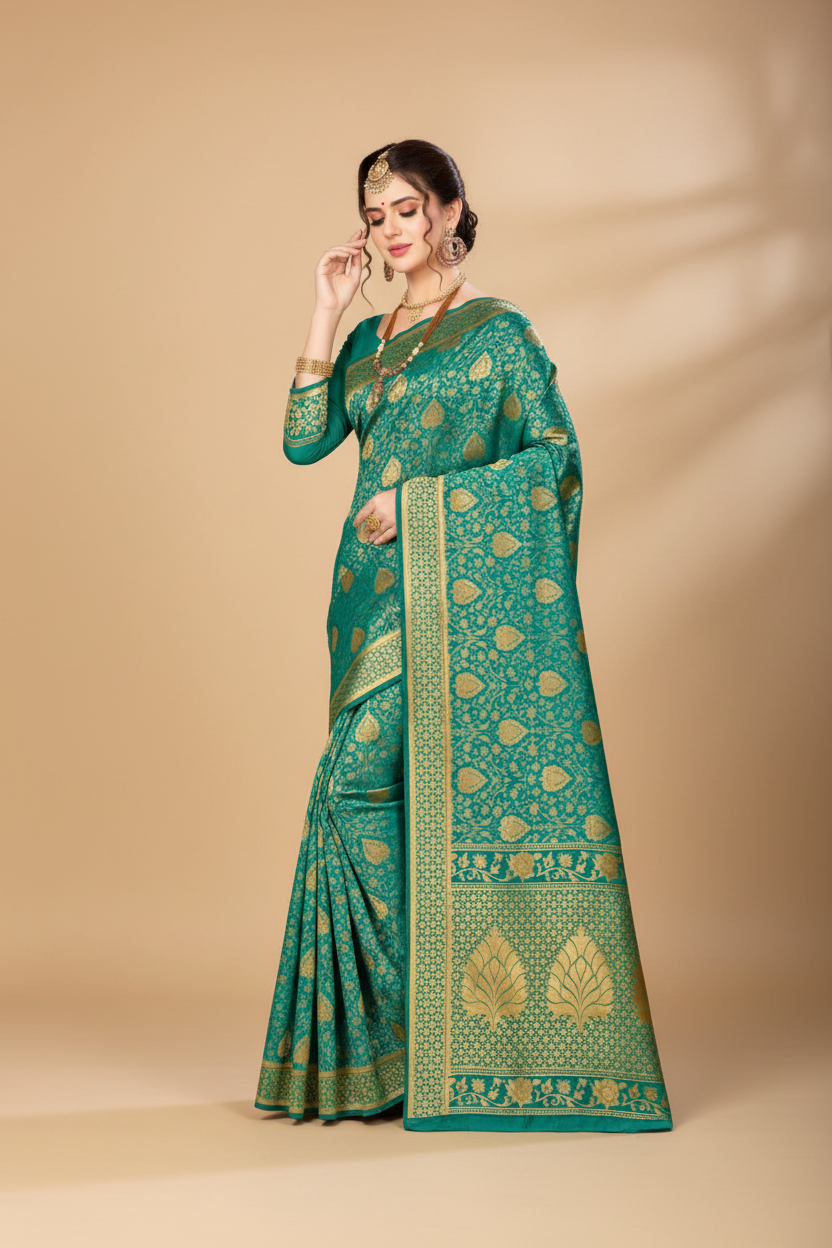 Snuggle Spot Women's Banarasi silk Saree with Blouse (Green, 5-6mtr)