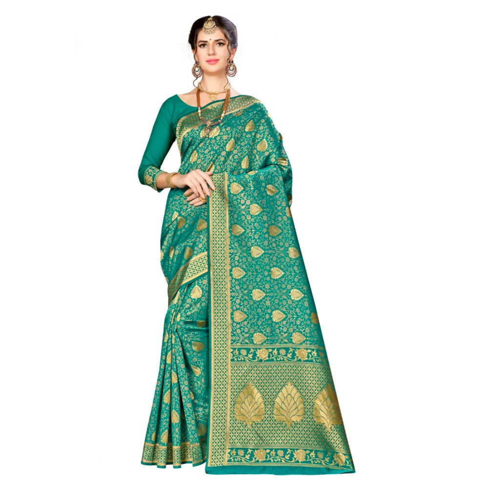 Snuggle Spot Women's Banarasi silk Saree with Blouse (Green, 5-6mtr)