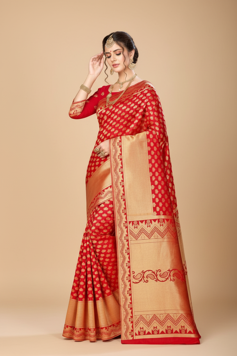 Snuggle Spot Women's Banarasi silk Saree with Blouse (Red, 5-6mtr)