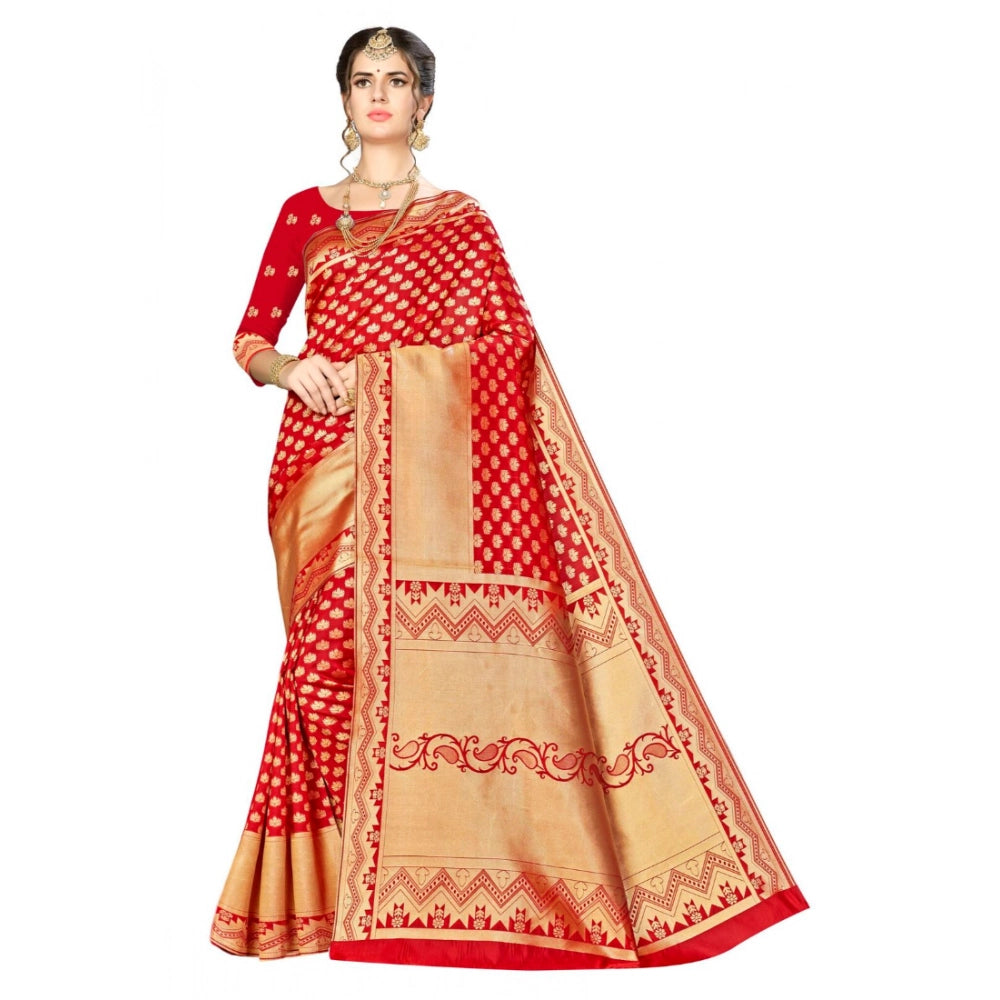 Snuggle Spot Women's Banarasi silk Saree with Blouse (Red, 5-6mtr)