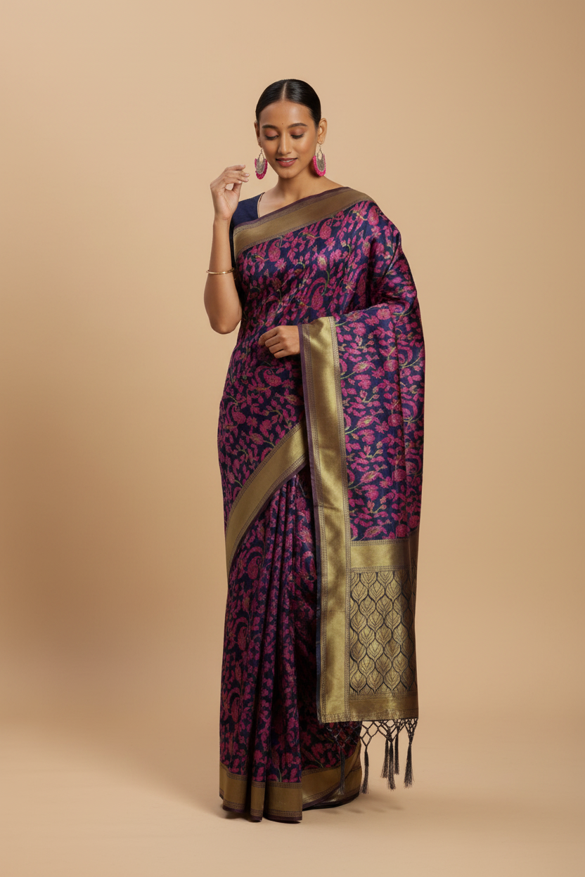 Snuggle Spot Women's Banarasi silk Saree with Blouse (Multi, 5-6mtr)