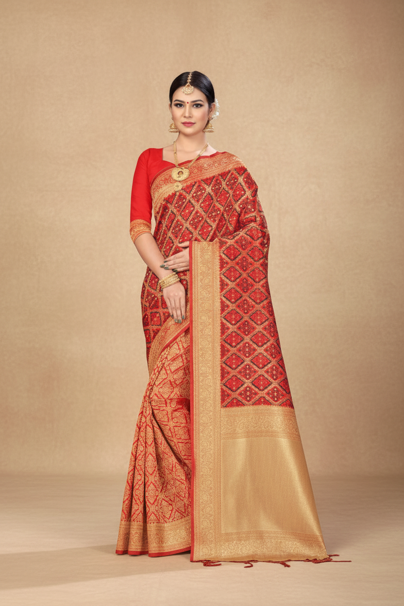 Snuggle Spot Women's Banarasi silk Saree with Blouse (Red,black, 5-6mtr)