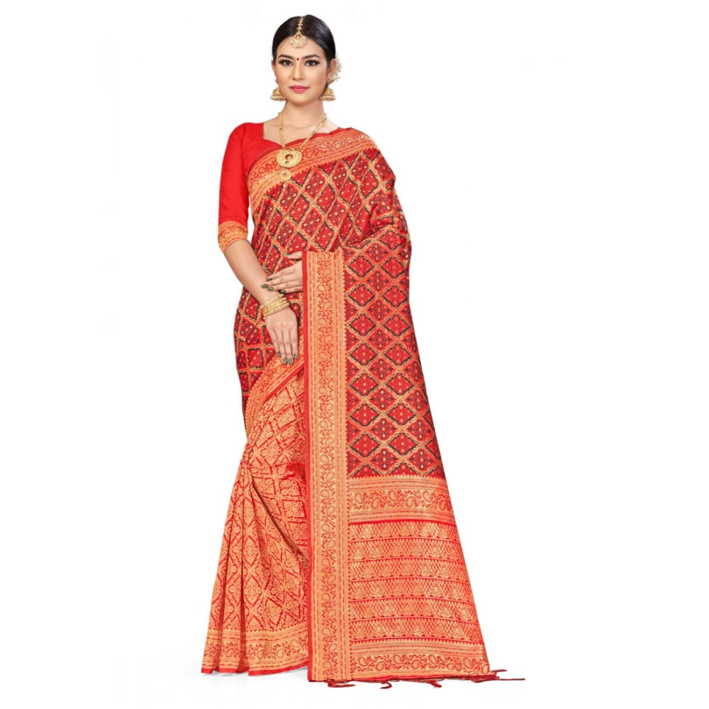 Snuggle Spot Women's Banarasi silk Saree with Blouse (Red,black, 5-6mtr)