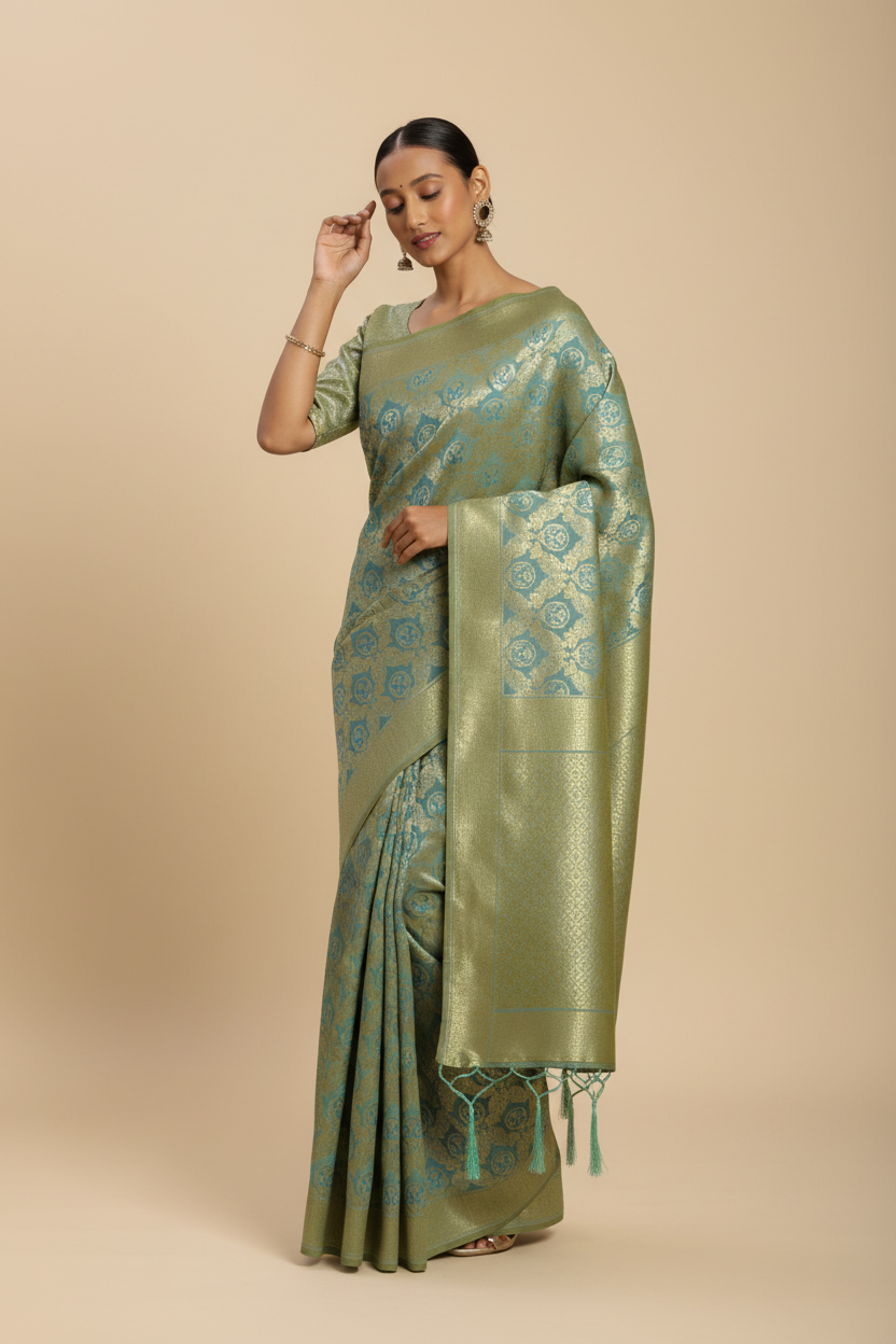 Snuggle Spot Women's Banarasi silk Saree with Blouse (Sky blue, 5-6mtr)