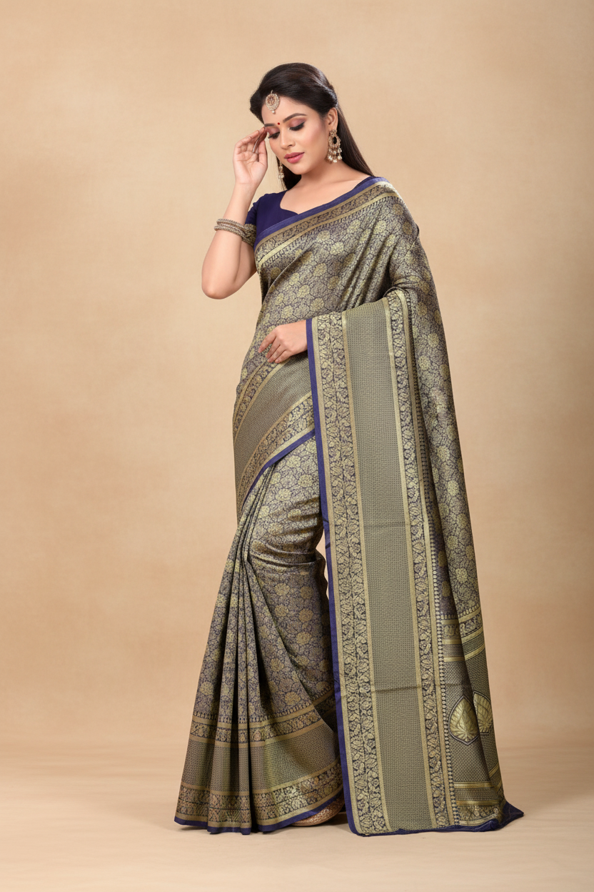 Snuggle Spot Women's Banarasi silk Saree with Blouse (Navy blue, 5-6mtr)