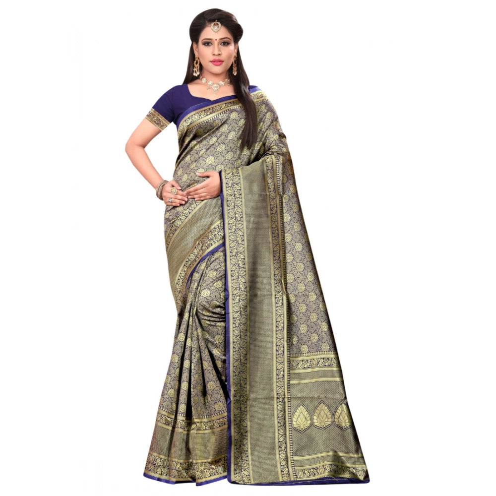 Snuggle Spot Women's Banarasi silk Saree with Blouse (Navy blue, 5-6mtr)