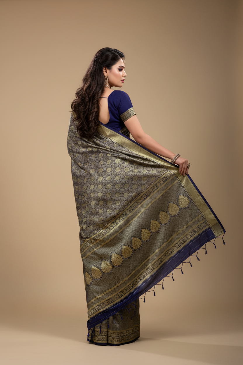 Snuggle Spot Women's Banarasi silk Saree with Blouse (Navy blue, 5-6mtr)