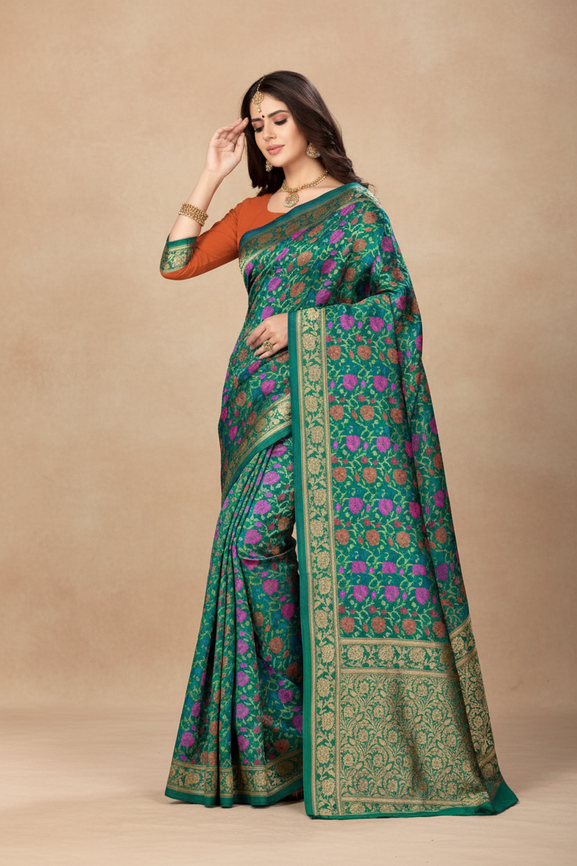 Snuggle Spot Women's Banarasi silk Saree with Blouse (Multi, 5-6mtr)