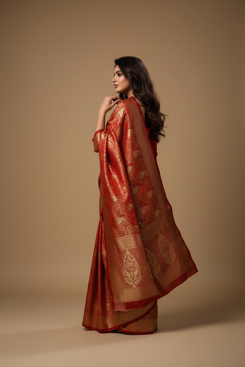 Snuggle Spot Women's Banarasi silk Saree with Blouse (Red, 5-6mtr)
