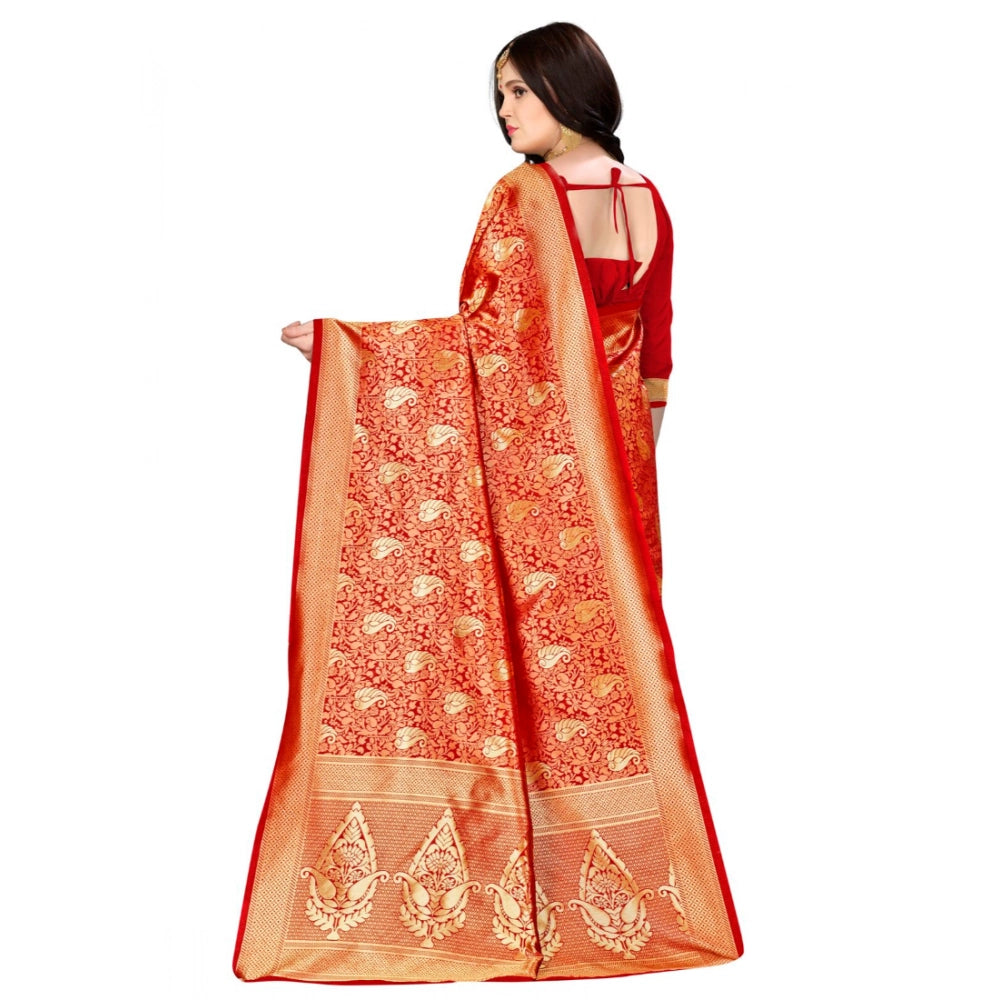 Snuggle Spot Women's Banarasi silk Saree with Blouse (Red, 5-6mtr)