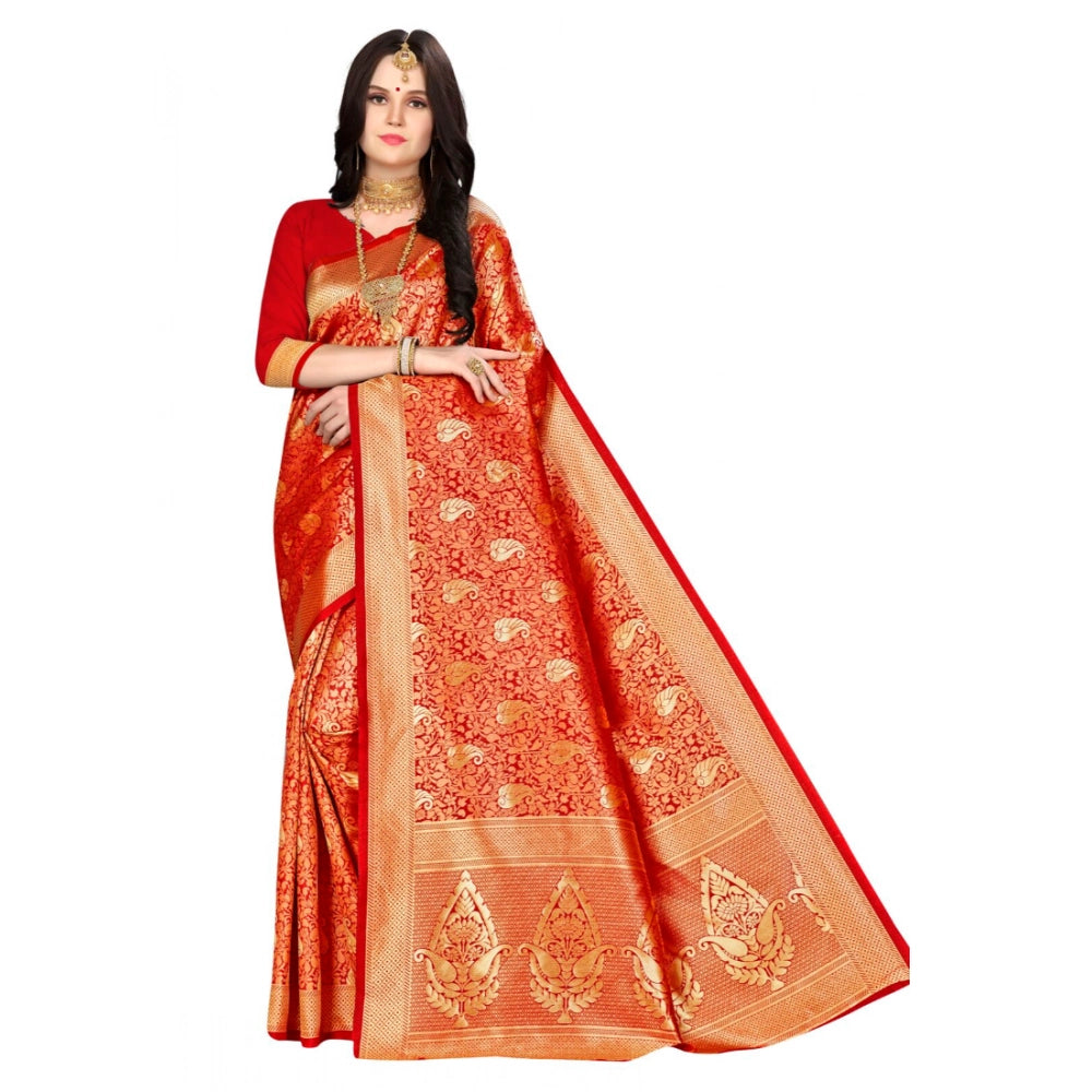 Snuggle Spot Women's Banarasi silk Saree with Blouse (Red, 5-6mtr)