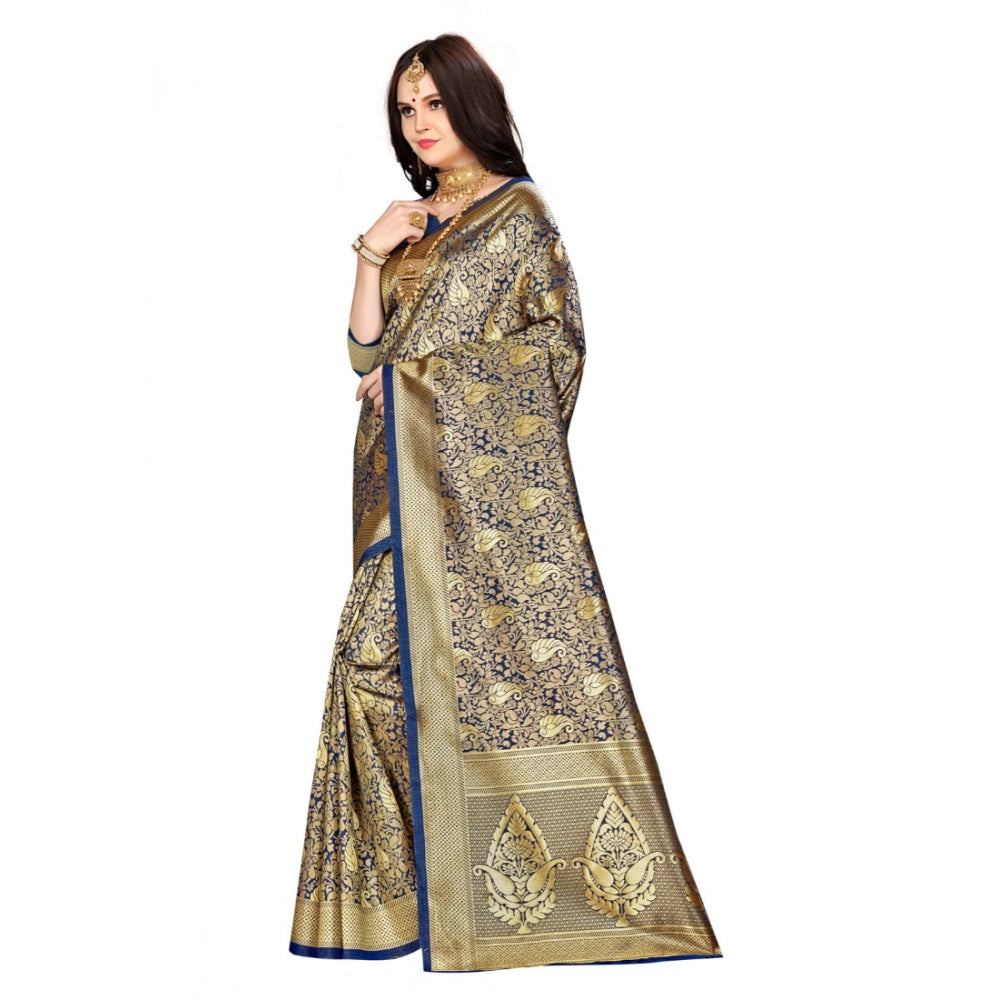 Snuggle Spot Women's Banarasi silk Saree with Blouse (Navy blue, 5-6mtr)