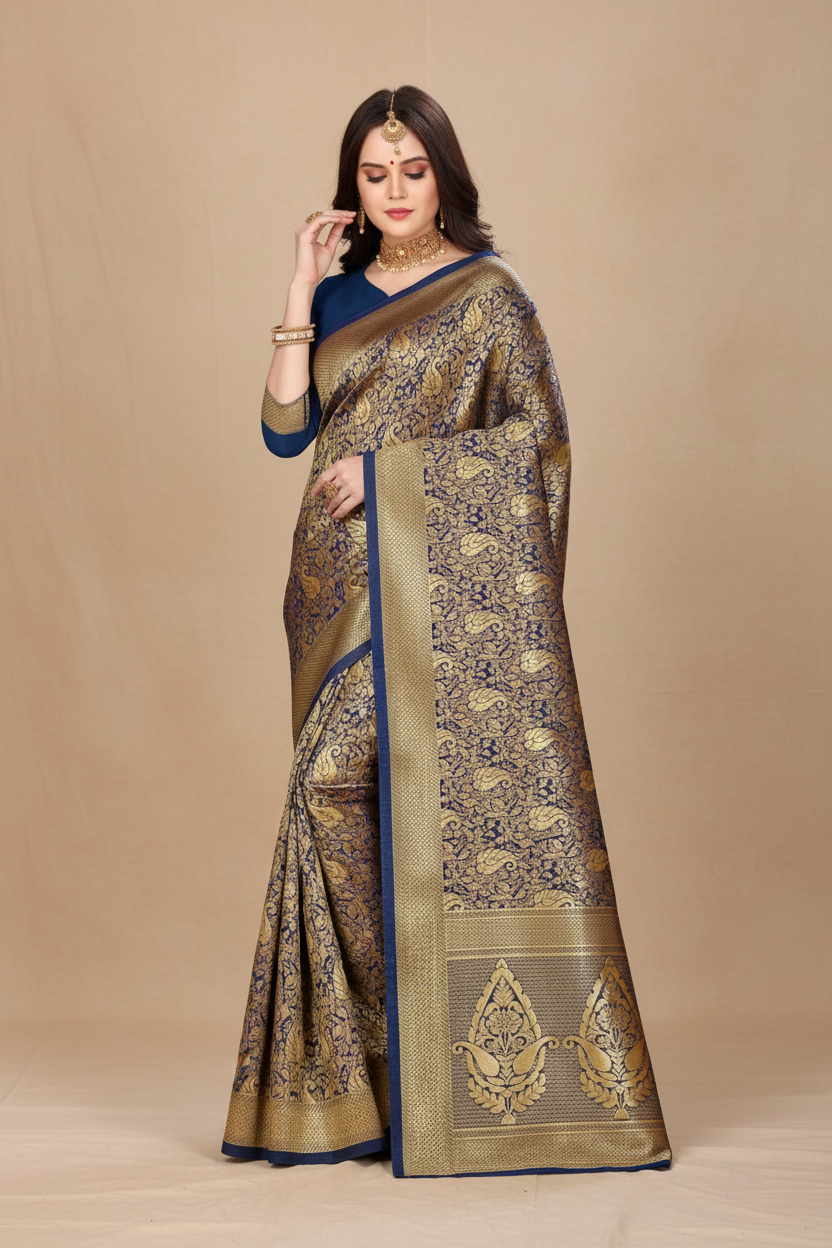 Snuggle Spot Women's Banarasi silk Saree with Blouse (Navy blue, 5-6mtr)