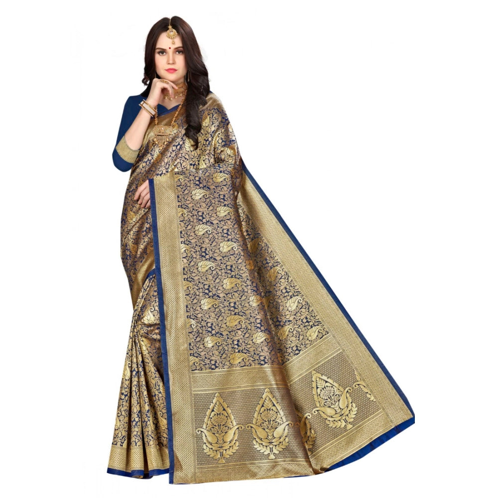 Snuggle Spot Women's Banarasi silk Saree with Blouse (Navy blue, 5-6mtr)