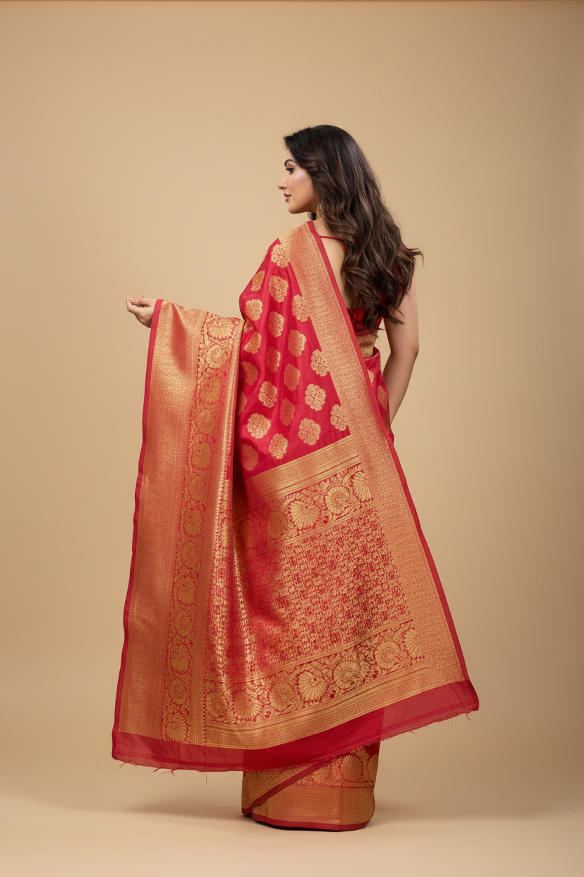 Snuggle Spot Women's Banarasi silk Saree with Blouse (Red, 5-6mtr)