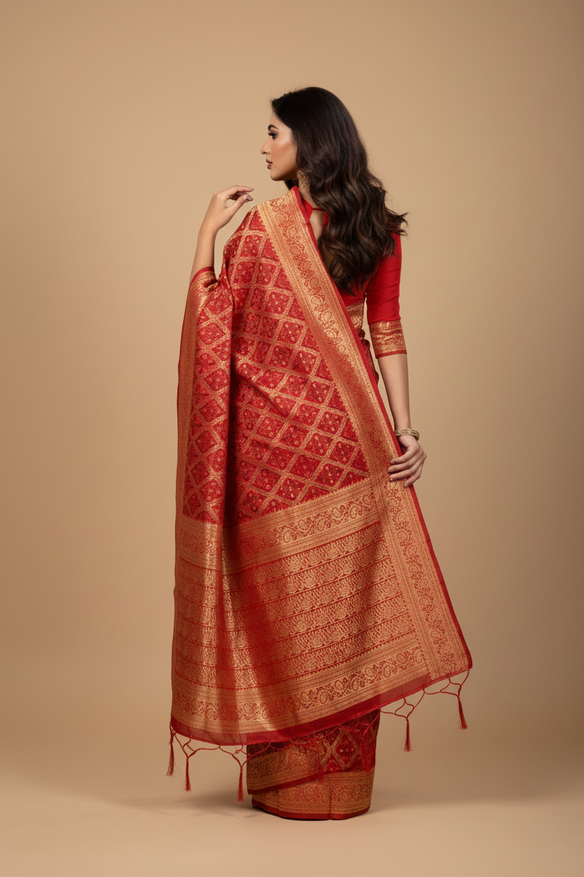Snuggle Spot Women's Banarasi silk Saree with Blouse (Red,black, 5-6mtr)
