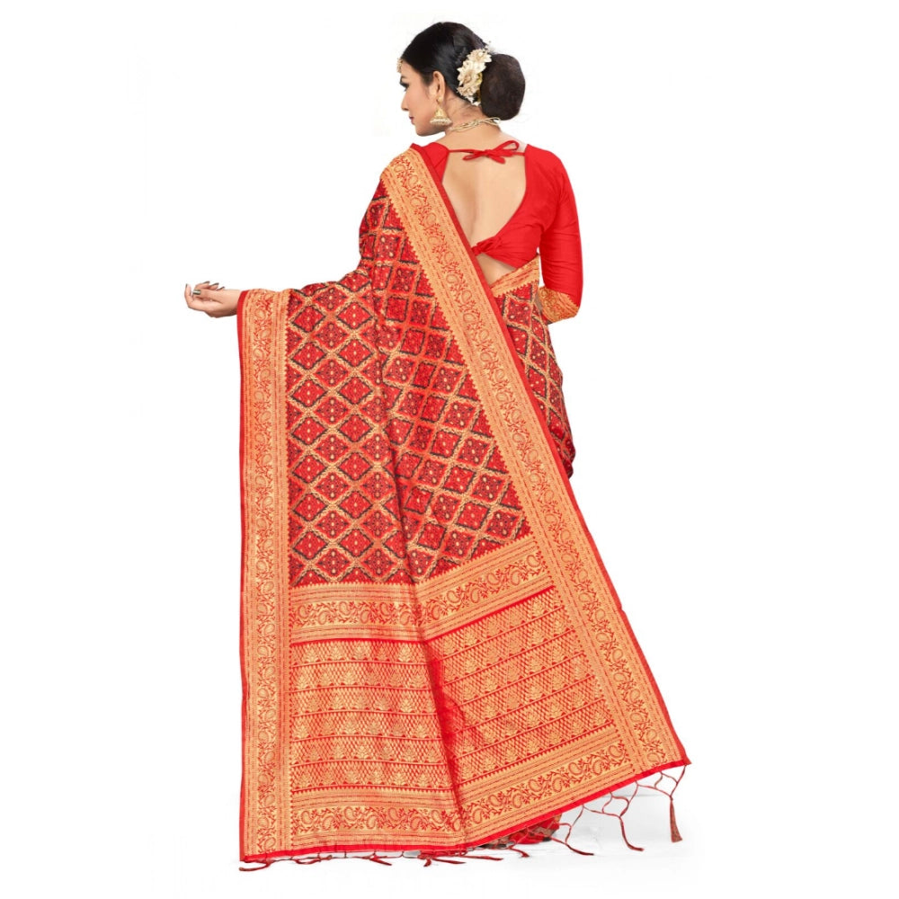 Snuggle Spot Women's Banarasi silk Saree with Blouse (Red,black, 5-6mtr)