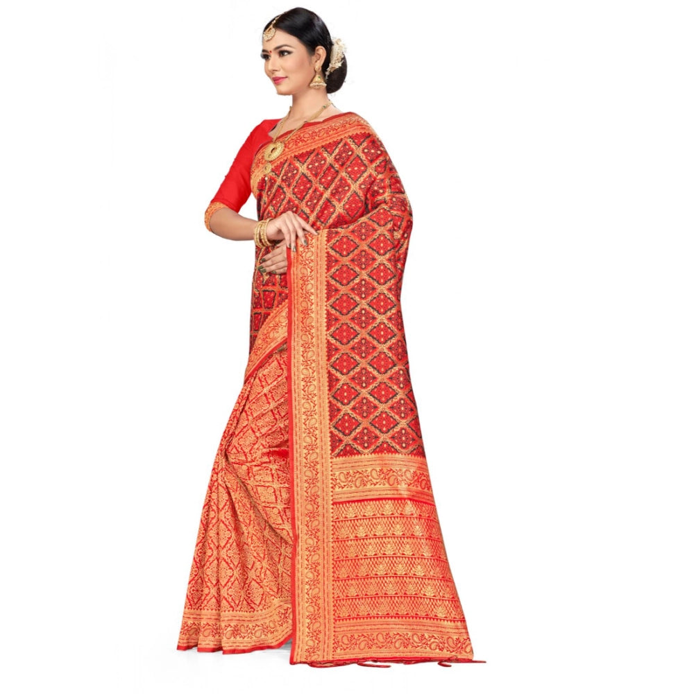 Snuggle Spot Women's Banarasi silk Saree with Blouse (Red,black, 5-6mtr)