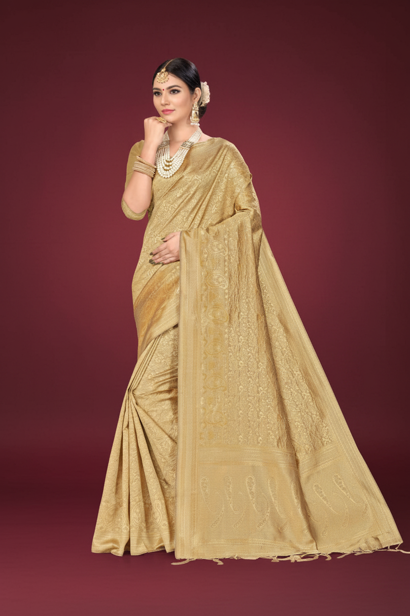 Snuggle Spot Women's Banarasi Silk Saree (Cream, 5-6mtrs)