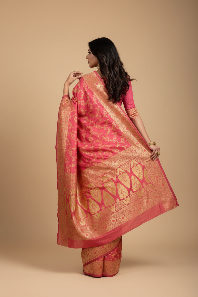 Snuggle Spot Women's Banarasi Silk Saree (Peach, 5-6mtrs)