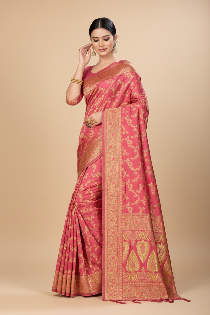 Snuggle Spot Women's Banarasi Silk Saree (Peach, 5-6mtrs)