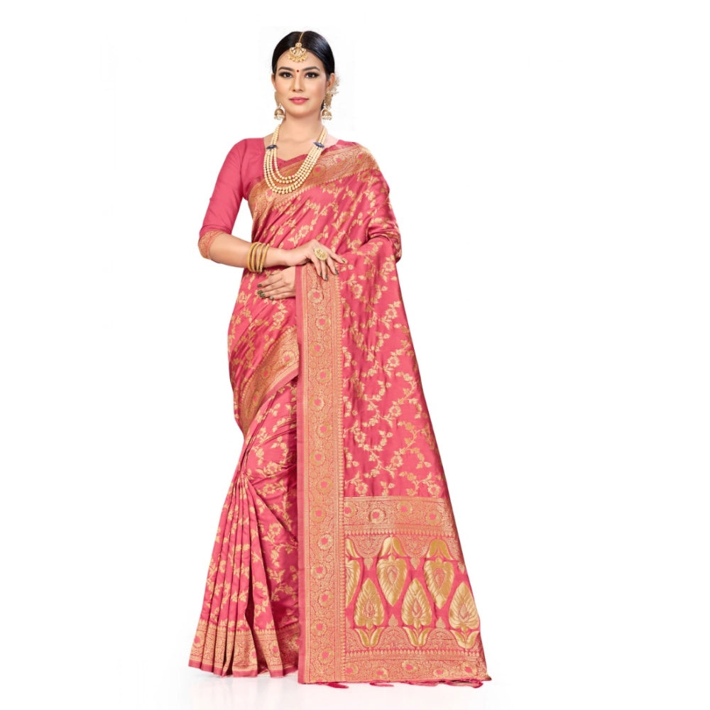 Snuggle Spot Women's Banarasi Silk Saree (Peach, 5-6mtrs)