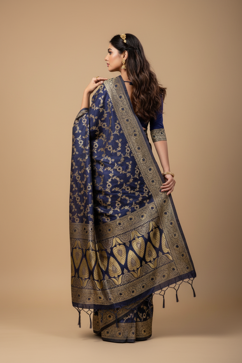 Snuggle Spot Women's Banarasi Silk Saree (Neavy blue, 5-6mtrs)