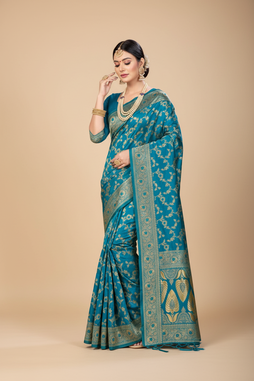 Snuggle Spot Women's Banarasi Silk Saree (Sky blue, 5-6mtrs)