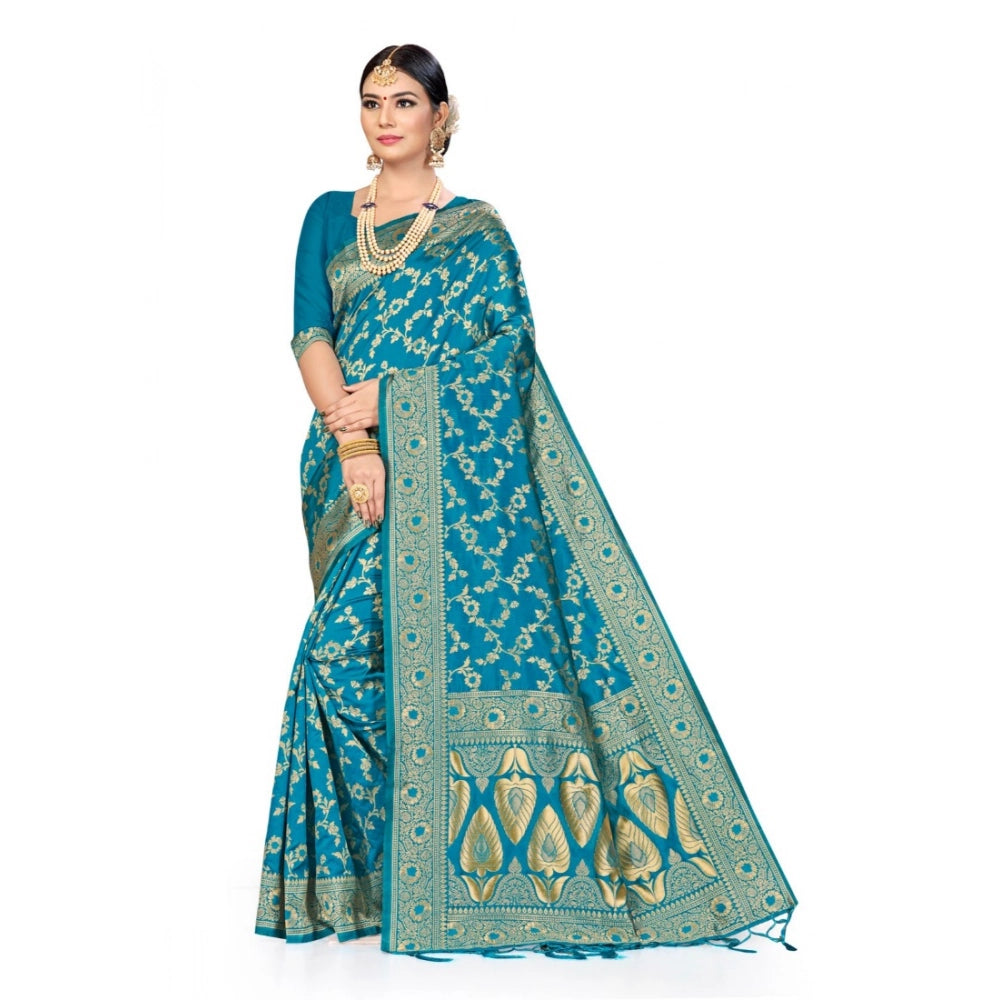 Snuggle Spot Women's Banarasi Silk Saree (Sky blue, 5-6mtrs)