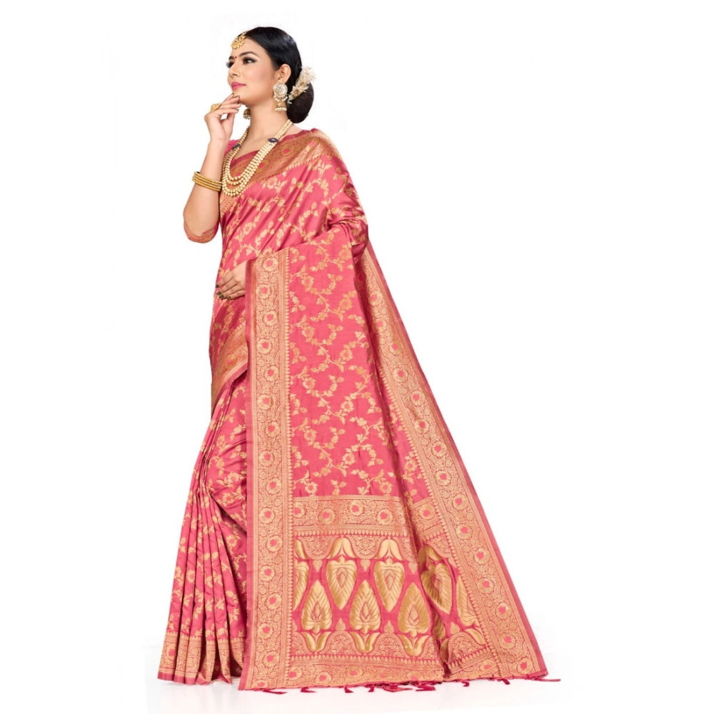 Snuggle Spot Women's Banarasi Silk Saree (Peach, 5-6mtrs)