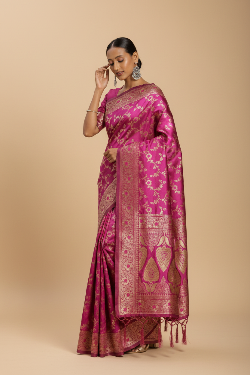 Snuggle Spot Women's Banarasi Silk Saree (Pink, 5-6mtrs)