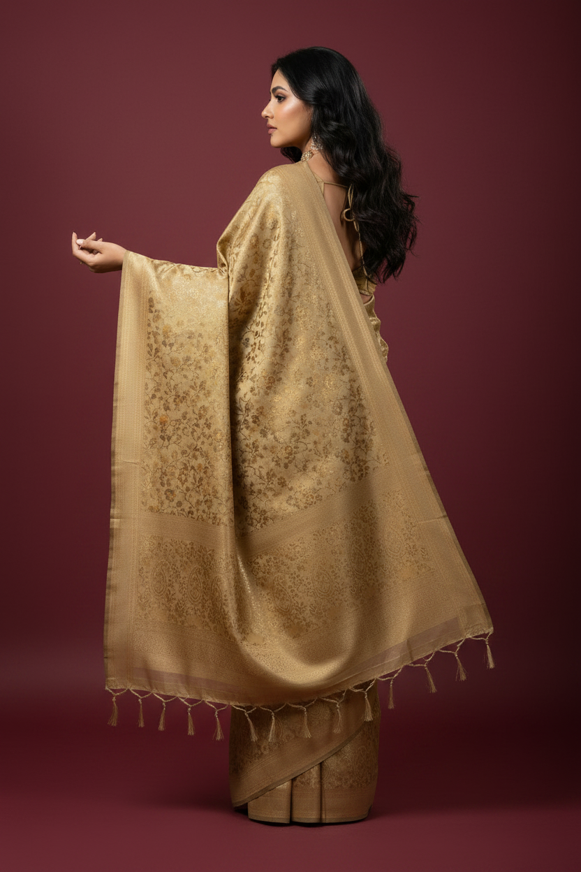 Snuggle Spot Women's Banarasi Silk Saree (Cream, 5-6mtrs)