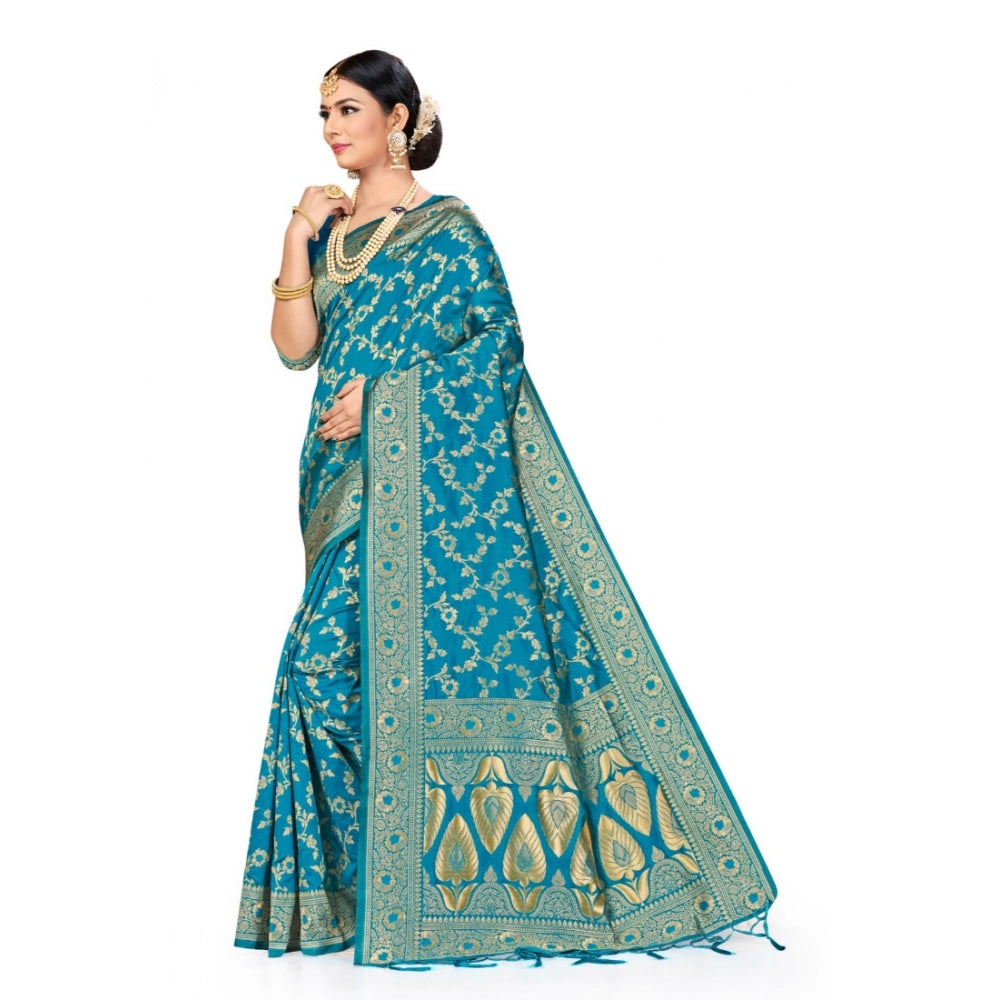 Snuggle Spot Women's Banarasi Silk Saree (Sky blue, 5-6mtrs)