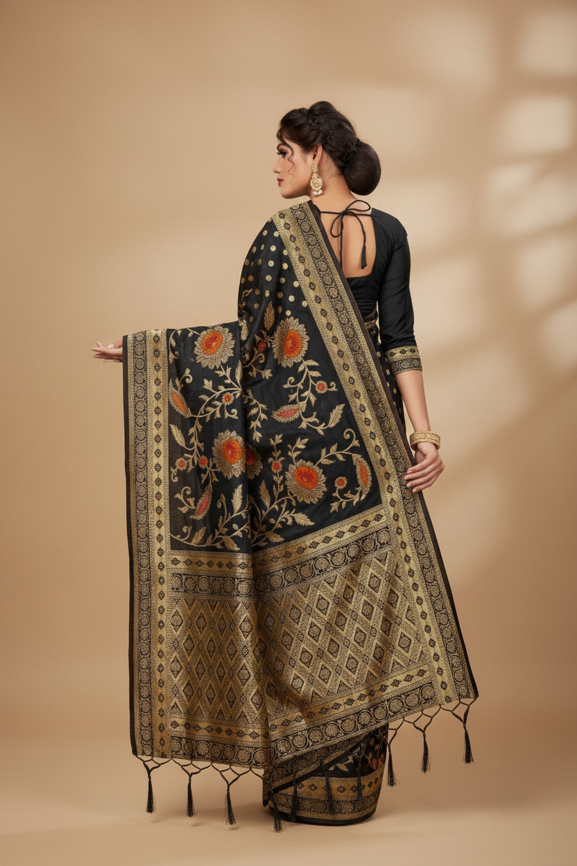 Snuggle Spot Women's Banarasi Silk Saree (Black, 5-6mtrs)
