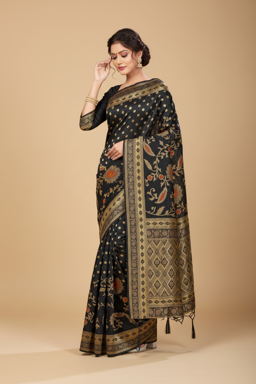 Snuggle Spot Women's Banarasi Silk Saree (Black, 5-6mtrs)