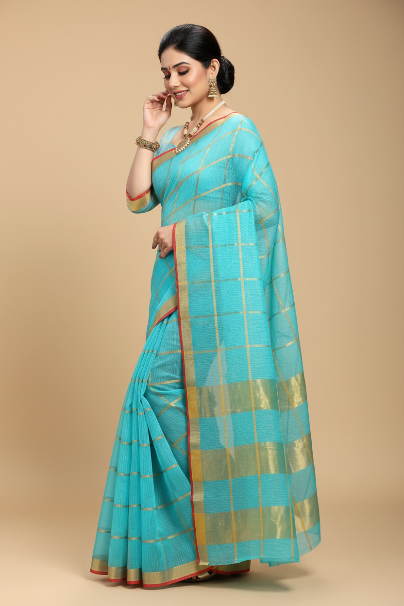 Snuggle Spot Women's Kota Doria Cotton Saree With Blouse (Sky Blue,6-3 Mtrs)