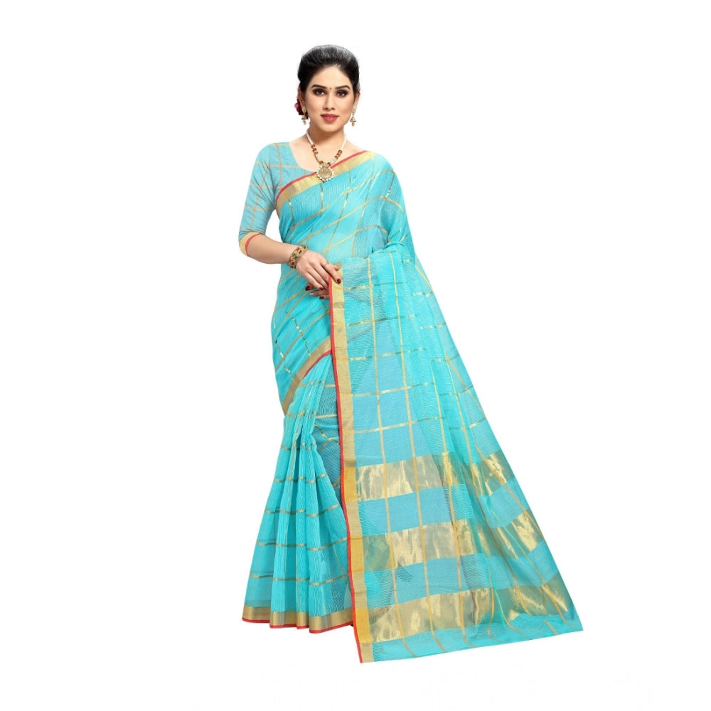 Snuggle Spot Women's Kota Doria Cotton Saree With Blouse (Sky Blue,6-3 Mtrs)