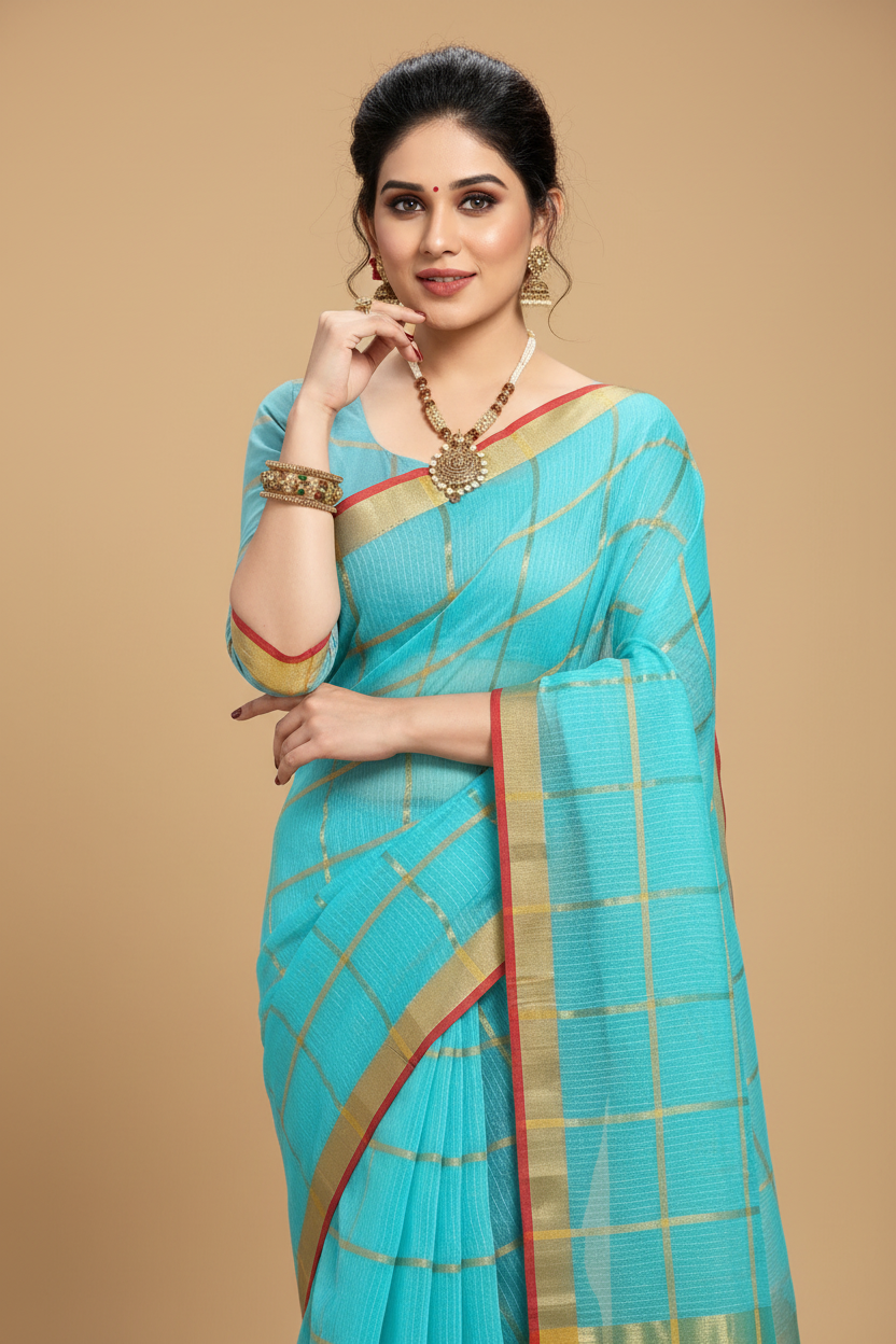 Snuggle Spot Women's Kota Doria Cotton Saree With Blouse (Sky Blue,6-3 Mtrs)